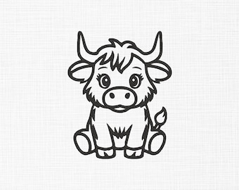 Baby Highland Cow Line Art Embroidery Design (5 Sizes, Digital Download)