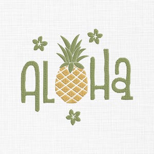 May include: Embroidered design featuring the word "ALOHA" in green, with a pineapple in the center. The pineapple is yellow with a green crown. Small green flower accents are placed around the text.