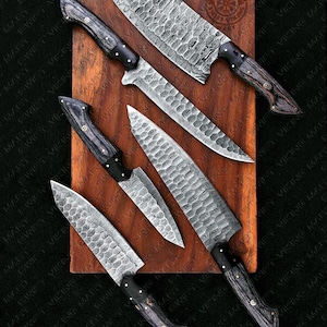 Personalized Handmade 5-Piece Kitchen Knife Set | Damascus Steel Blades with Wood Resin Handles | Premium Chef Cutlery | Knives for Home Chef, gift for charistmas, gift for chef, gift for husband, gift for him, gift for her, unique knife set, kitchen tools, forged blades, knife set,for home chef, gift for partner,