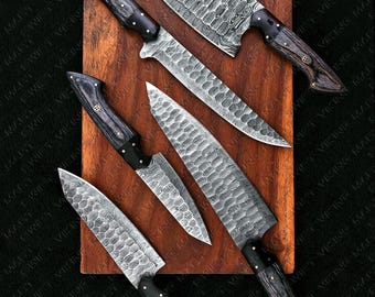 Hand Forged Damascus Steel Chef Knife Set | 5-Piece Kitchen Knives, Wood Handle, Leather Bag