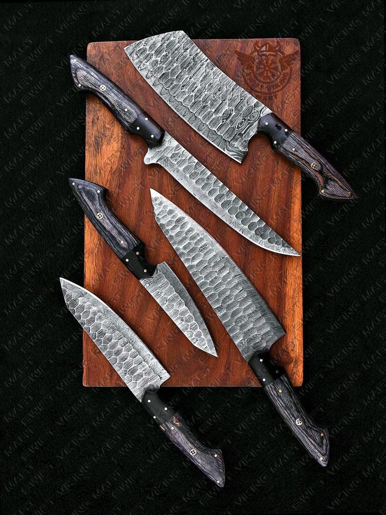 Personalized Handmade 5-Piece Kitchen Knife Set | Damascus Steel Blades with Wood Resin Handles | Premium Chef Cutlery | Knives for Home Chef, gift for charistmas, gift for chef, gift for husband, gift for him, gift for her, unique knife set, kitchen tools, forged blades, knife set,for home chef, gift for partner,