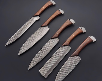 Juego de cuchillos de chef de Damasco forjados a mano, mango de palisandro y funda de cuero, 5 piezas.