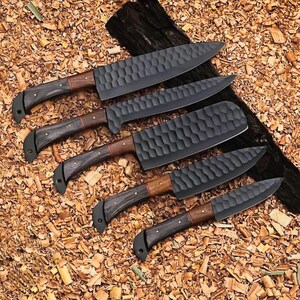 Custom Handmade Forged Carbon Steel Black Powder Coating Chef Kitchen Knife Set With Wood Handle 5-Pcs, BBQ Knives, Gift For Dad, Christmas Gifts, Gift For Him, astercook knife set,