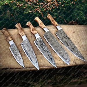 Personalized Damascus Chef Knife Set-Handmade Kitchen Engraved 5 Pieces Knives with Roll Bag