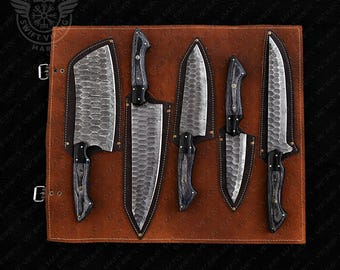 Juego de cuchillos de cocina de acero de Damasco forjado a mano, herramienta de camping, cuchillo para carne, cuchillo hecho a mano, regalo para papá, regalo para él, regalo del Día de la Madre