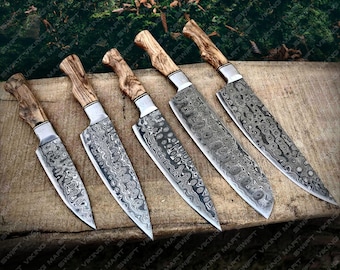 Juego de cuchillos de chef de Damasco hechos a mano: cuchillos de cocina japoneses con bolsa enrollable, regalos de cocina únicos.