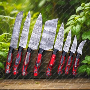 Personalized Damascus Knife Set, 8-Piece Professional Chef Kitchen Knives with Leather Bag