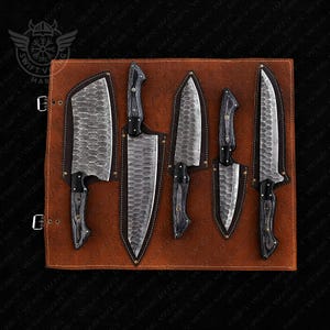 Premium 5-piece kitchen knife set with carbon steel blades and elegant wood + resin handles — perfect for home chefs, gifting, or daily cooking.
