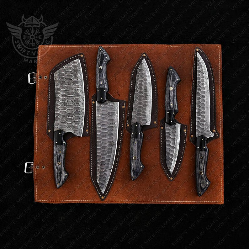 Premium 5-piece kitchen knife set with carbon steel blades and elegant wood + resin handles — perfect for home chefs, gifting, or daily cooking.