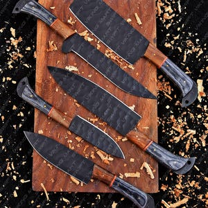 Custom Handmade Forged Carbon Steel Black Powder Coating Chef Kitchen Knife Set With Wood Handle 5-Pcs, BBQ Knives, Gift For Dad, Christmas Gifts, Gift For Him, astercook knife set, gift for dad, gift for her, gift for chef, kitchen tool, thanksgiving idea,