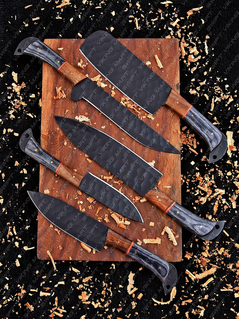 Custom Handmade Forged Carbon Steel Black Powder Coating Chef Kitchen Knife Set With Wood Handle 5-Pcs, BBQ Knives, Gift For Dad, Christmas Gifts, Gift For Him, astercook knife set, gift for dad, gift for her, gift for chef, kitchen tool, thanksgiving idea,