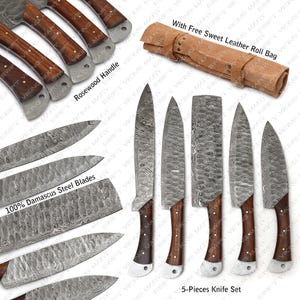 Handmade Chef Knife Set, Damascus Chef Knife Set 5 Pcs Kitchen Knife, Gift for him, Lucky Knife Set, Kitchen Knives Set, Personalized Knives
