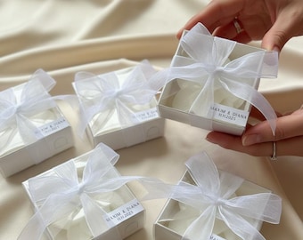 Personalized Wedding Favor Box: White Ribbon, Clear Lid