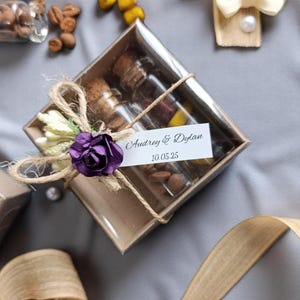 Bomboniere personalizzate per matrimonio / Set di spezie in tubo di vetro / Scatola regalo rustica per matrimonio / Souvenir per gli ospiti / Ricordo di matrimonio personalizzato