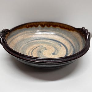 Vintage Japanese Mashiko Studio Pottery Bowl Handles Swirling Glaze Signed