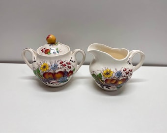 Vintage Copeland Spode Creamer & Sugar Bowl Lid Reynolds Pattern Fruit Floral