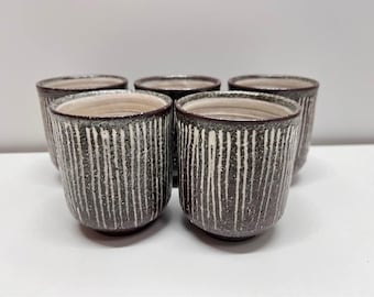 Set of 5 Japanese Mino Ware Tokusa Yunomi Brown White Stripe Tea Cups