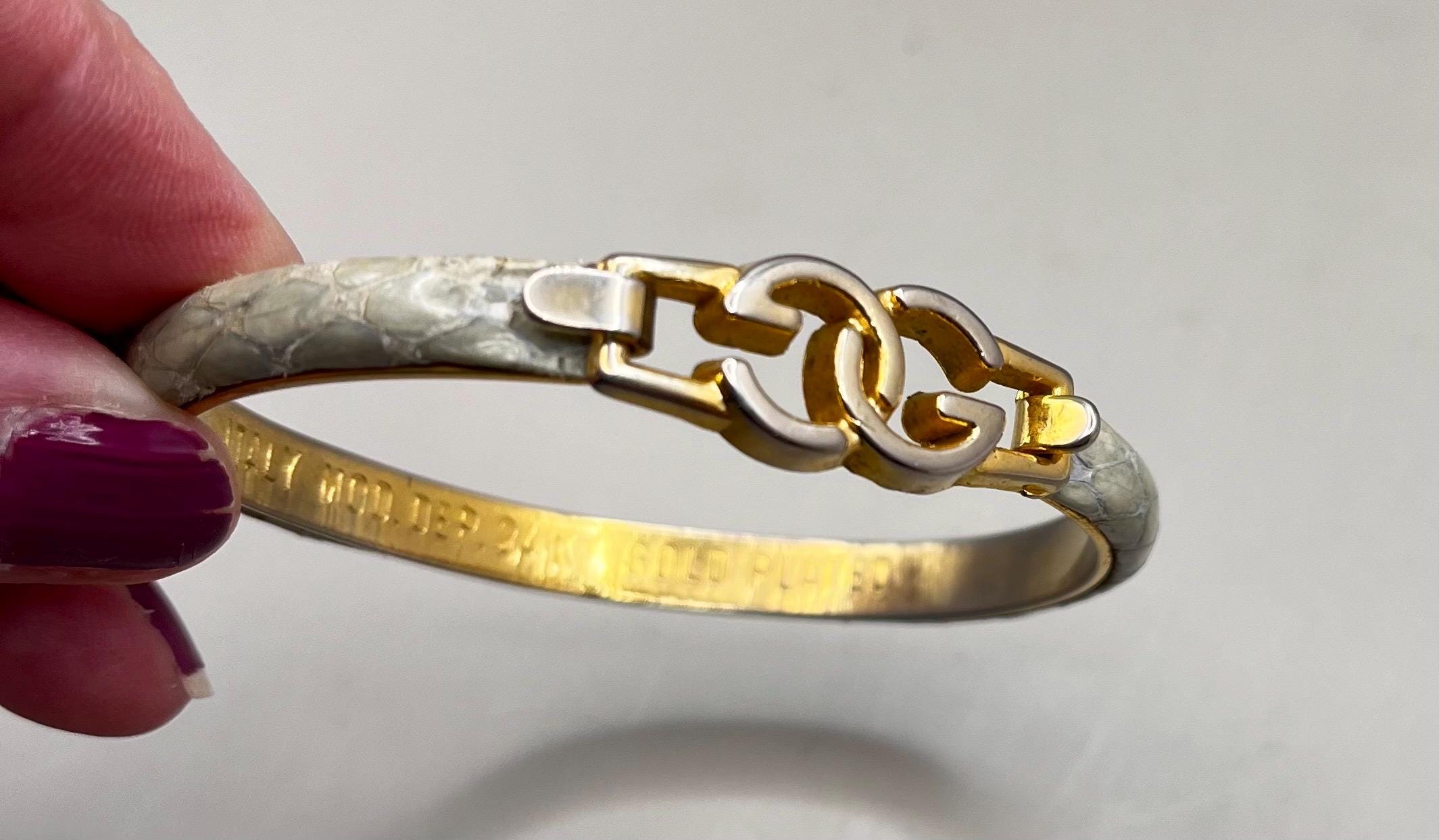 Vintage Gucci Italy Snakeskin Leather Bangle Bracelet 24k Gold 