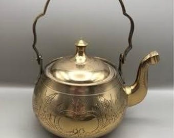 Vintage Floral Asian Hand Etched Brass Teapot