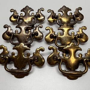 Könnte beinhalten: Acht antike Schubladengriffe aus Messing mit kunstvollen Designs. Jeder Griff hat einen gebogenen Griff und dekorative Verzierungen, die eine Vintage-Ästhetik zeigen. Das Messing hat eine warme, gealterte Patina.