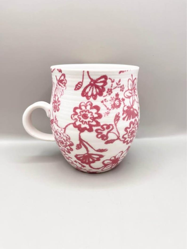 Anthropologie Pink & White Floral Mug Blue “J” Monogram Initial Cup Mug image 3