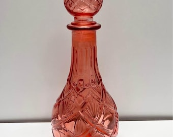 Vintage Peach Pink Press Glass Wine Decanter with Ball Shape Stopper