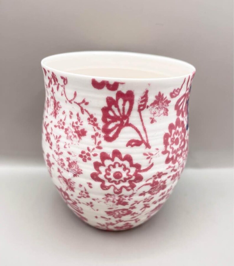 Anthropologie Pink & White Floral Mug Blue “J” Monogram Initial Cup Mug image 4