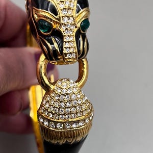 Vintage Panther BIG CAT Black Enamel and Gold Tone Hinge Bracelet Rhinestones