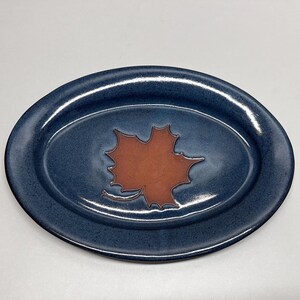 Vintage Studio Pottery Blue Maple Leaf Design Oval Platter Artist Signed