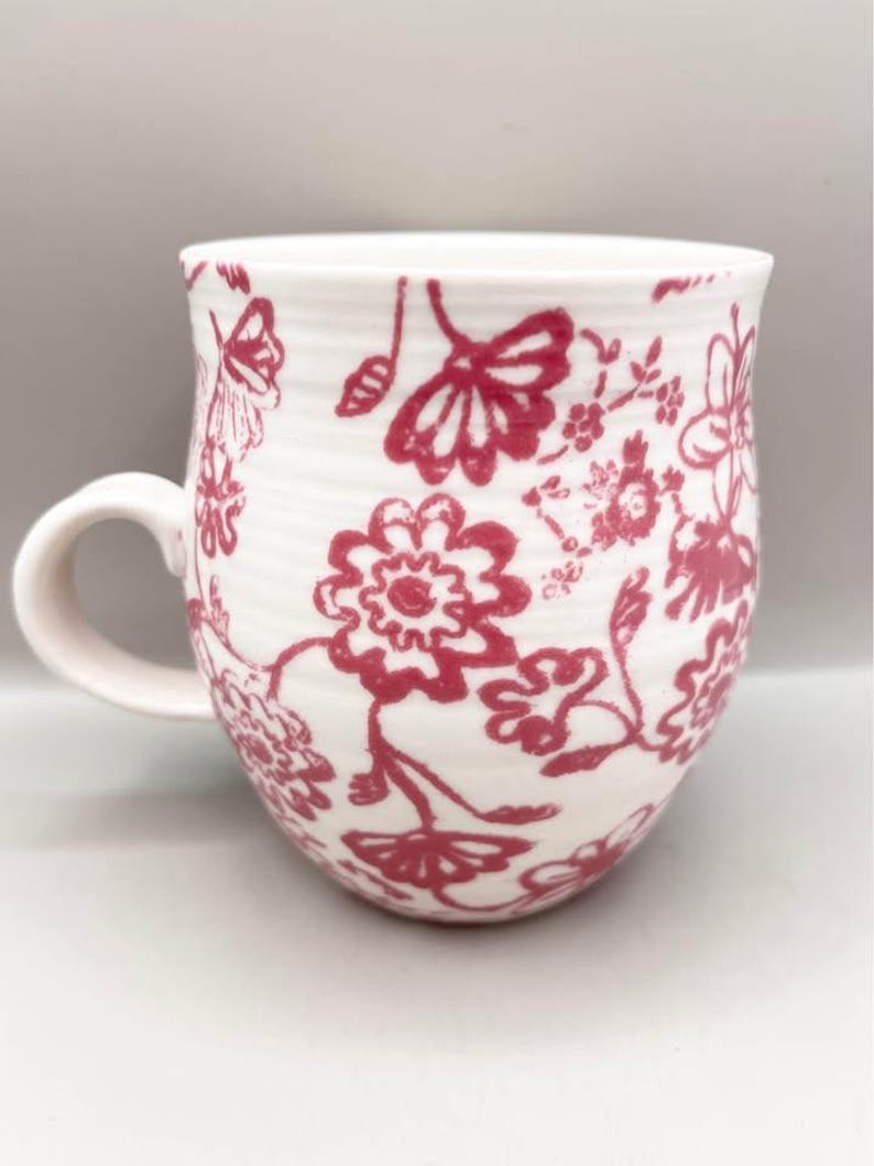 Anthropologie Pink & White Floral Mug Blue “J” Monogram Initial Cup Mug image 2