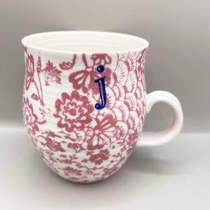 Anthropologie Pink & White Floral Mug Blue “J” Monogram Initial Cup Mug image 1