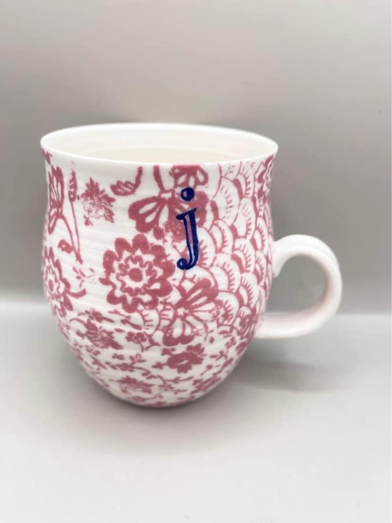 Anthropologie Pink & White Floral Mug Blue “J” Monogram Initial Cup Mug image 1