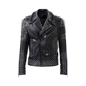 Blouson de moto noir à clous cloutés punk rock Brando pour homme en cuir de vachette véritable | Style motard audacieux | Cadeau pour lui
