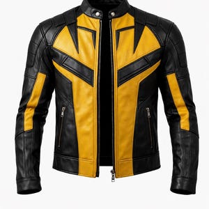 May include: Black and yellow leather jacket with a stand-up collar and a zip closure. The jacket features yellow geometric designs on the chest, shoulders, and sleeves. The jacket has two zipped pockets on the front.