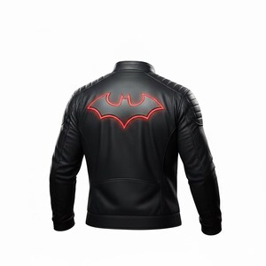 May include: Black leather jacket with a red Batman logo on the back. The jacket has a stand-up collar, quilted shoulder details, and a streamlined design. The Batman symbol is a stylized bat silhouette.