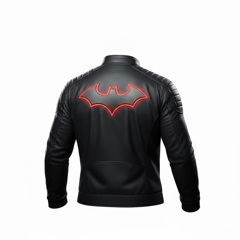 May include: Black leather jacket with a red Batman logo on the back. The jacket has a stand-up collar, quilted shoulder details, and a streamlined design. The Batman symbol is a stylized bat silhouette.