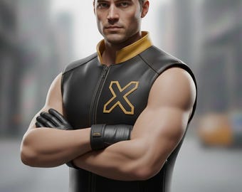 May include: A sleeveless black vest featuring a high collar with a yellow interior lining, a full-length front zipper, and a prominent yellow X emblem on the chest. The garment is paired with black gloves that feature a matching yellow accent detail.