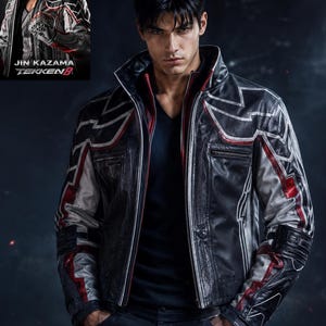 Giacca in pelle Jin Kazama di Tekken 8 per uomo, giacca per cosplay di Halloween, giacca da motociclista in pelle nera, costume da gamer anime