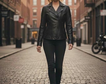 Quilted Black Leather Biker Jacket - Asymmetrical Slim Fit, Matte Hardware