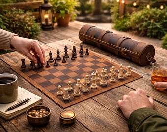 Personalized Leather Travel Chess Set | Handmade Wooden Game
