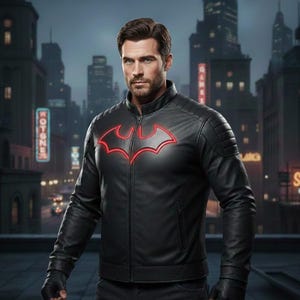 May include: Black leather jacket with a red bat symbol on the chest. The jacket has a zipper closure and padded shoulders. The text "HANDCRAFTED GOTHAM DEFENDER JACKET" is at the top of the image. The background shows a city skyline.