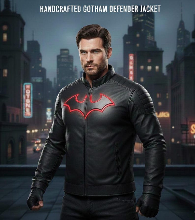 May include: Black leather jacket with a red bat symbol on the chest. The jacket has a zipper closure and padded shoulders. The text "HANDCRAFTED GOTHAM DEFENDER JACKET" is at the top of the image. The background shows a city skyline.