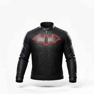 May include: Black leather jacket with a red Batman logo on the chest. The jacket has a stand-up collar, a zipper closure, and quilted shoulder detailing. The jacket is a sleek, modern design.