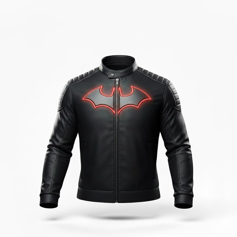 May include: Black leather jacket with a red Batman logo on the chest. The jacket has a stand-up collar, a zipper closure, and quilted shoulder detailing. The jacket is a sleek, modern design.