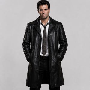 May include: A black leather trench coat worn over a crisp white button-down shirt and a dark patterned necktie. The coat features a classic collar, long sleeves, and a button-front closure, paired with dark trousers and a black leather belt.