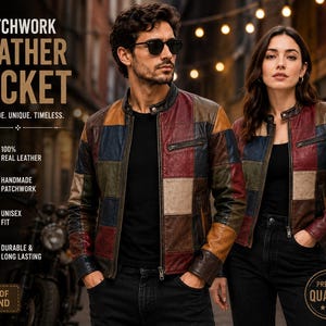 Jaqueta de couro patchwork | Jaqueta artesanal em couro legítimo com blocos de cores | Casaco vintage unissex para motociclistas | Presente personalizado para homens e mulheres