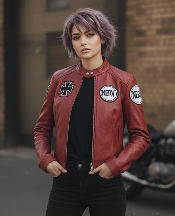 Misato Katsuragi Red Leather Jacket Womens Cropped Bomber