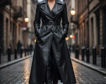 Op de afbeelding: Een lange, zwarte leren trenchcoat met een ceintuur in de taille en kniehoge laarzen. De jas heeft een dubbelborstig ontwerp en een klassieke kraag. De persoon draagt een zonnebril en loopt over een natte straat met kasseien.