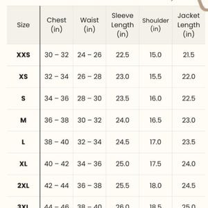 May include: A size chart with measurements in inches for chest, waist, sleeve, shoulder, and jacket length. Sizes range from XXS to 4XL, with corresponding measurements like a 30-32 inch chest for XXS and a 46-48 inch chest for 4XL.