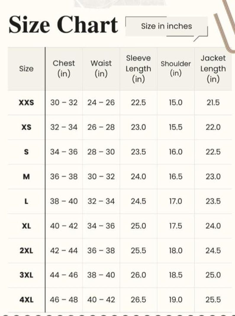 May include: A size chart with measurements in inches for chest, waist, sleeve, shoulder, and jacket length. Sizes range from XXS to 4XL, with corresponding measurements like a 30-32 inch chest for XXS and a 46-48 inch chest for 4XL.